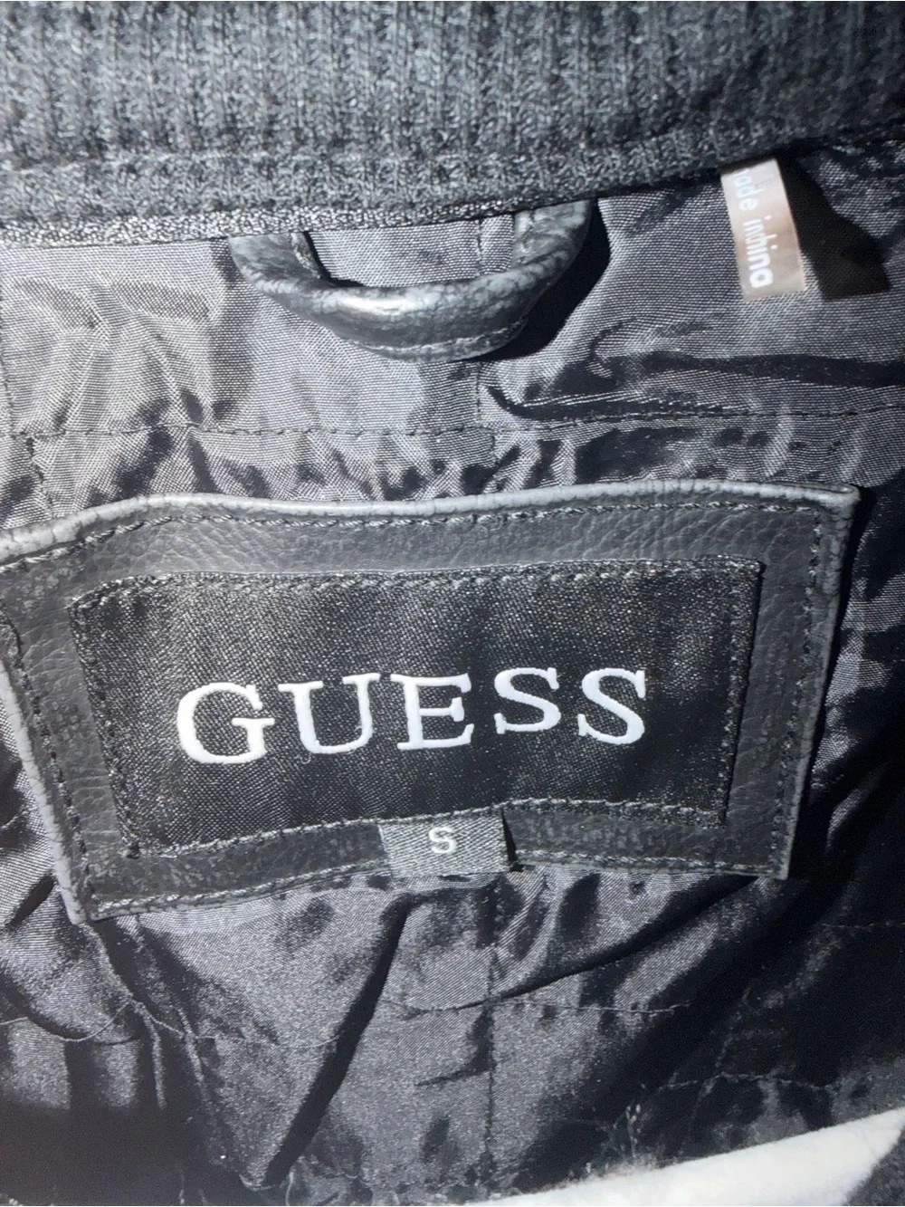 GUESS Black Leather Bomber Jacket with Zip Pockets